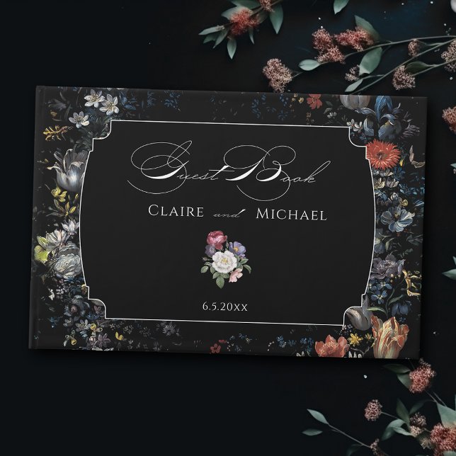 Fine Art Black Floral Calligraphy Guest Book (Creator Uploaded)