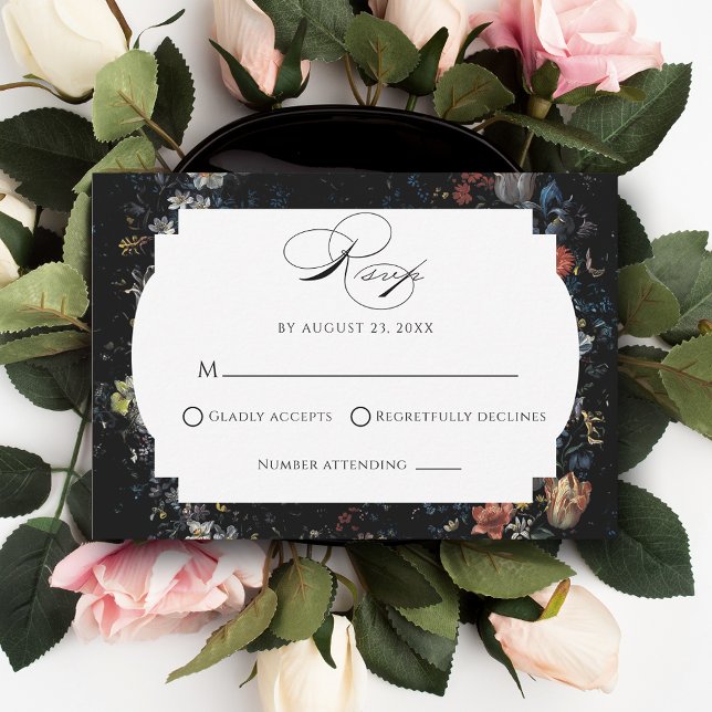 Fine Art Black Floral Calligraphy RSVP Card (Creator Uploaded)