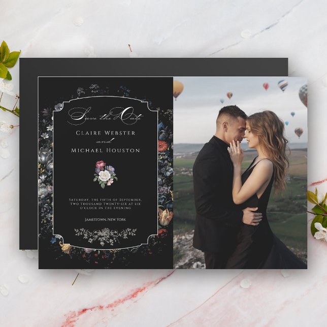 Fine Art Black Floral Calligraphy Save the Date Magnetic Invitation (Creator Uploaded)