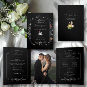 Fine Art Black Floral Calligraphy Tri-Fold Program