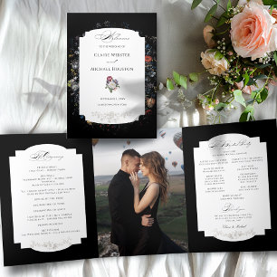 Fine Art Black Floral Calligraphy Tri-Fold Program