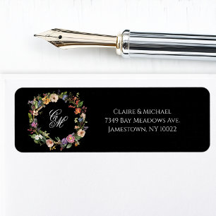 Fine Art Black Floral Monogram Wreath Label