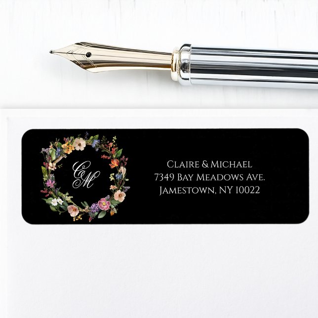 Fine Art Black Floral Monogram Wreath Label (Creator Uploaded)