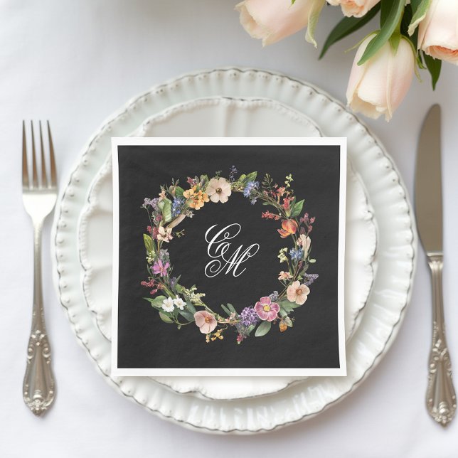 Fine Art Black Floral Monogram Wreath Napkins (Creator Uploaded)