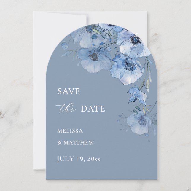 Fine Art Blue Floral Arched Wedding Save The Date (Front)