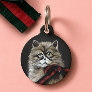 Fine Art Cat Portrait with Red Green Ribbon | Cat Pet ID Tag