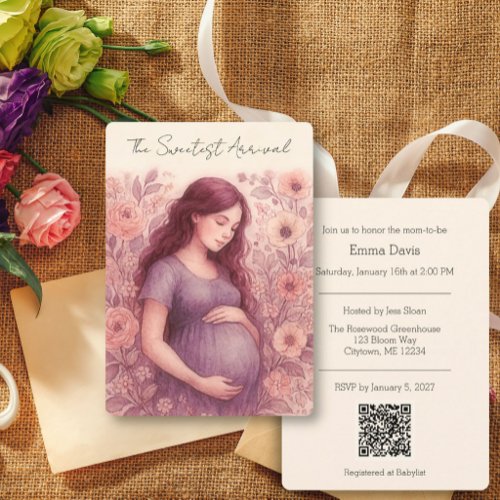 Fine Art Cream Floral White Baby Shower QR Code Invitation