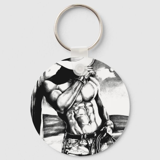 Fine art drawing handsome Cowboy Bodybuilder Keychain (Front)