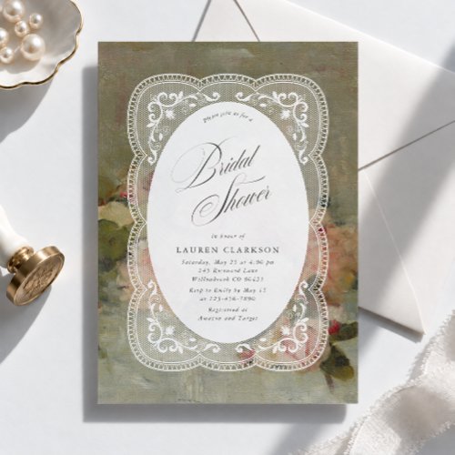Fine Art Floral Painting Lace Frame Bridal Shower  Save The Date
