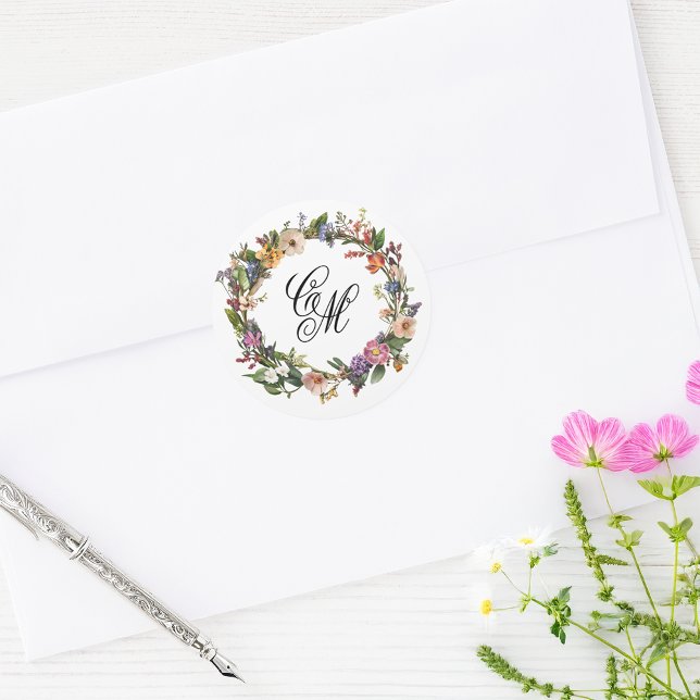 Fine Art Floral Wreath Monogram Classic Round Sticker (Creator Uploaded)