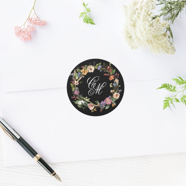 Fine Art Floral Wreath Monogram Classic Round Sticker (Creator Uploaded)