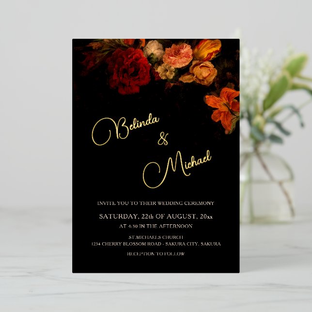 Fine Art Flowers Dark Wedding Foil Invitation (Standing Front)