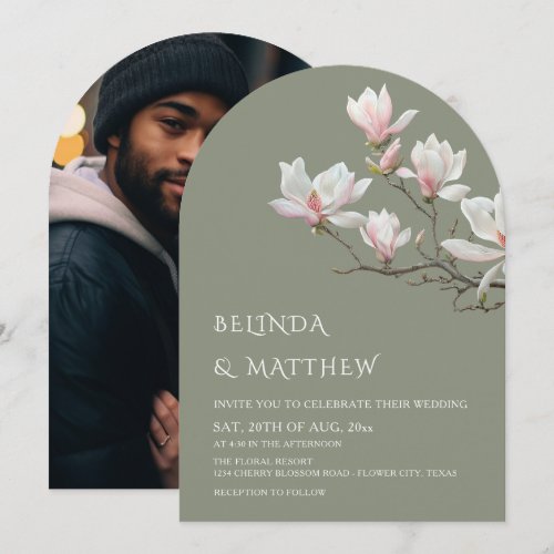 Fine Art Magnolia Casual Sage Green Wedding Invitation