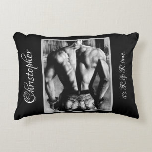 Fine Art Muscular Male Back Name Caption Black Accent Pillow