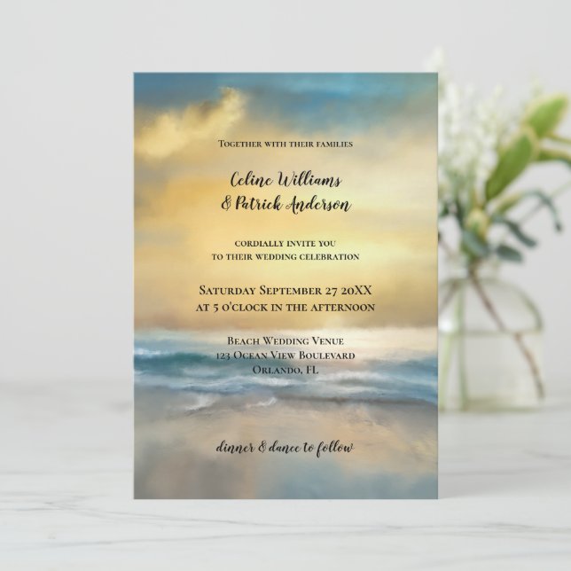 Fine Art Painted Beach Wedding Invitation (Standing Front)
