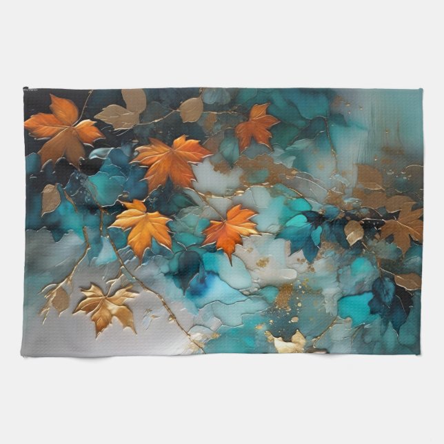 Fine art painted fall leaves kitchen towel (Horizontal)