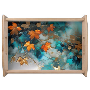 Fine art painted fall leaves teal orange gold serving tray