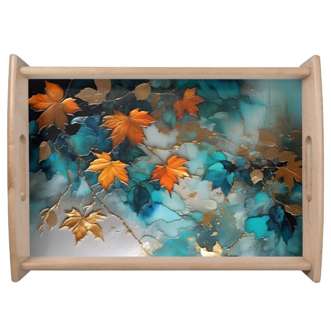 Fine art painted fall leaves teal orange gold serving tray (Front)