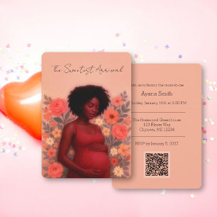 Fine Art Peach Floral Black Baby Shower QR Code   Invitation