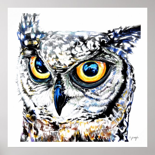 Fine Art print: Great Horned Owl illustration Poster (Front)