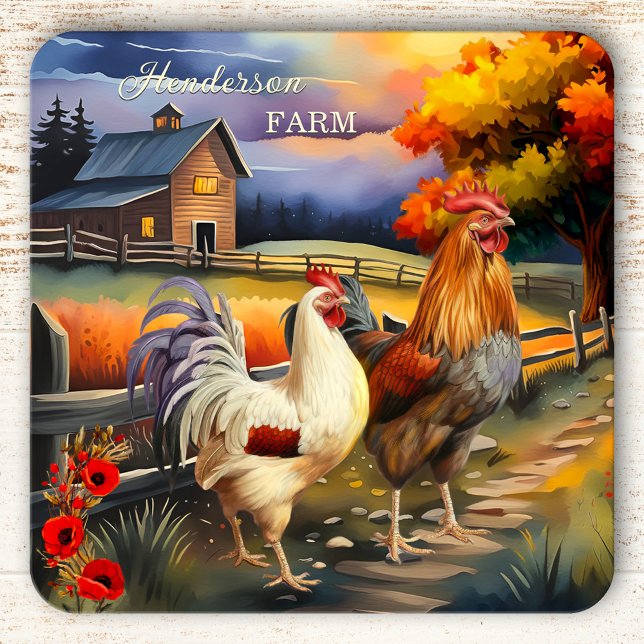 Fine Art Rooster Chicken Farm Coaster (Coaster featuring a colorful fine art painting of a farm scene with rooster and chicken. )