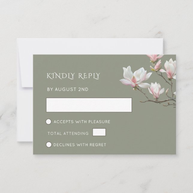 Fine Art Sage Green Magnolia Flowers Wedding RSVP Card (Front)