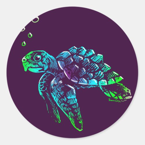 Fine Art Scratchboard Sea Turtle Classic Round Sticker