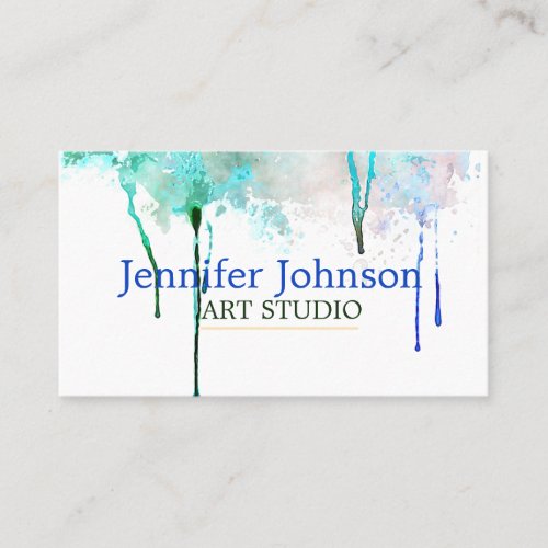 Fine Art Studio White Teal Dripping Paint Business Card