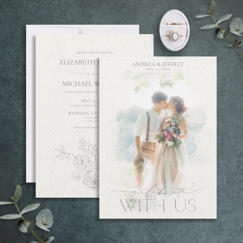 Fine Art Watercolor Gray Floral Photo Wedding  Inv Invitation