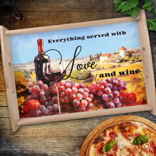 Fine Art Wine Landscape Serving Tray (Serving tray for a wine lover showing a colorful painting of a landscape scene with wine and grapes)
