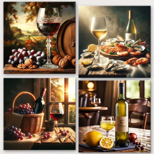 Fine Art Wine Lovers Acrylic Photo Tile (Set of 4 colorful fine art wall paintings featuring various scenes with both red and white wine)