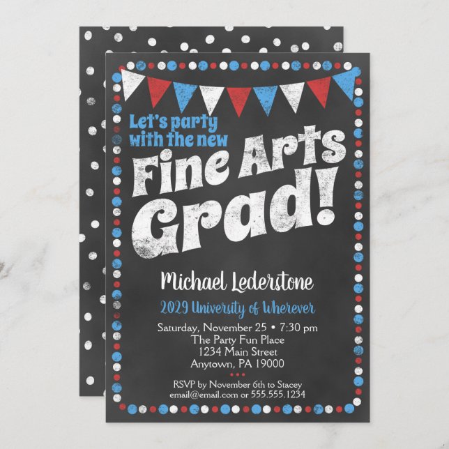 Fine Arts Graduation Party Invitation Red Blue (Front/Back)