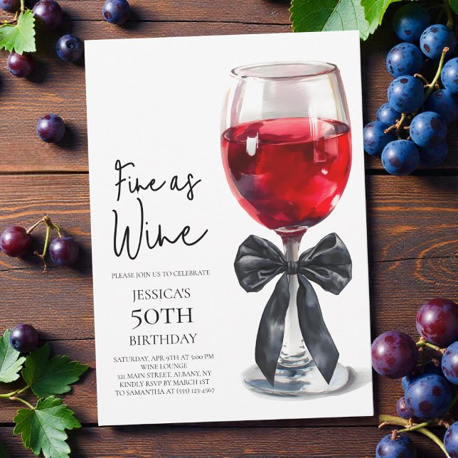 Fine as Wine Elegant Black Bow 50th Birthday Party Invitation (Fine as Wine Elegant Black Bow 50th Birthday Party Invitation)