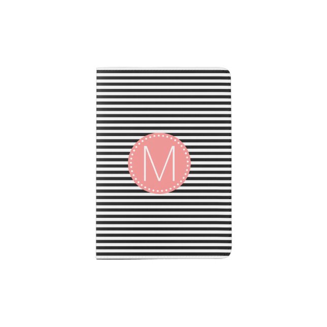 Fine Black Stripe with Coral Monogram Passport Holder (Front)
