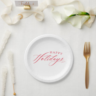 FINE CALLIGRAPHY Happy Holidays cute elegant red Paper Plates