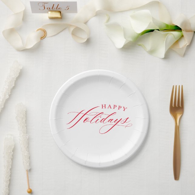 FINE CALLIGRAPHY Happy Holidays cute elegant red Paper Plates (Wedding)