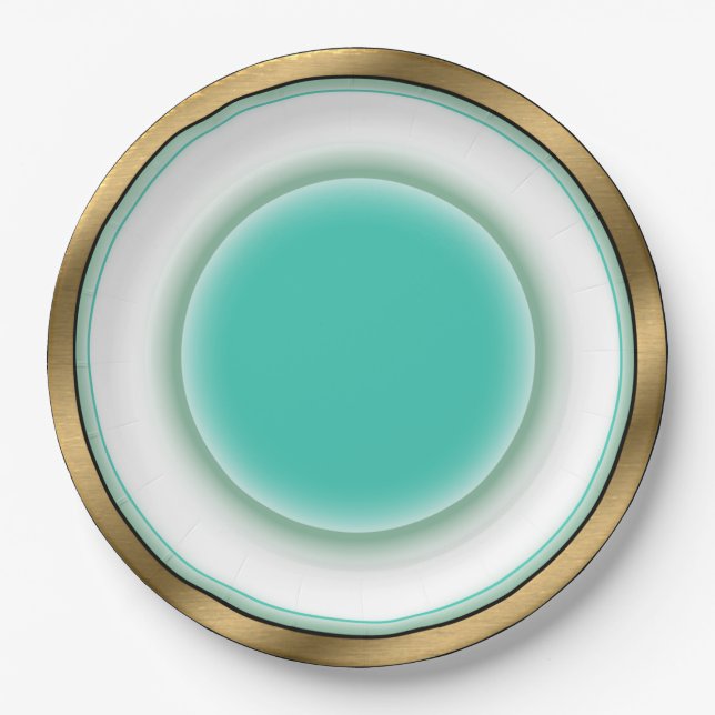 Fine China Illusion - White, Aqua, Brushed Gold Paper Plates (Front)