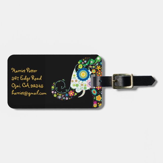 Fine Cute Girly Floral Elephant Luggage Tag (Front Horizontal)