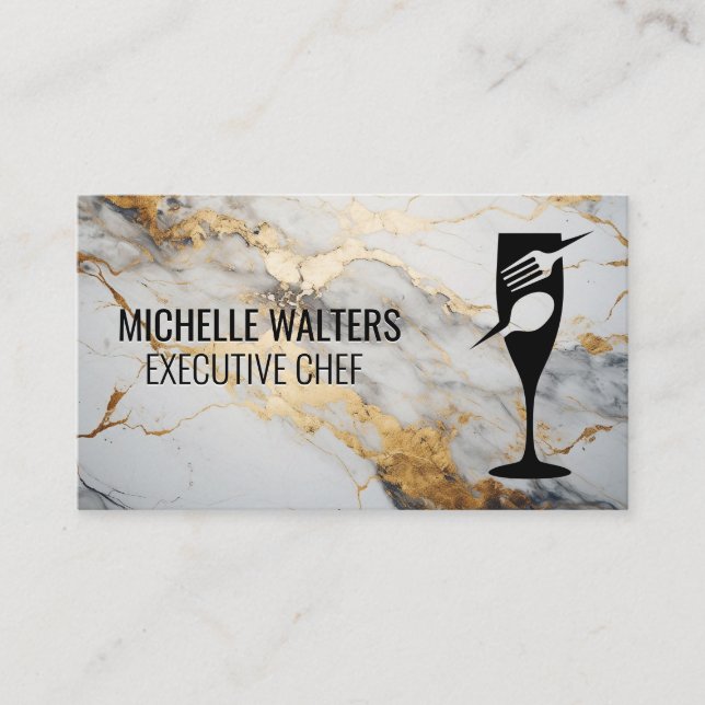 Fine Dining Logo | Gold White Marble Business Card (Front)