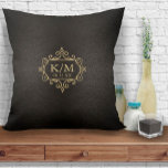 Fine Filigree Gold Wedding ID871 Throw Pillow<br><div class="desc">Delicate filigree frames, borders and ornaments, textured in faux gold foil, decorate the pieces of this elegant wedding suite. This simple but elegant throw pillow features a scrollwork frame to hold your initials and wedding date. Choose any background color or leave the warm charcoal, textured-effect we've supplied. Add your initials...</div>