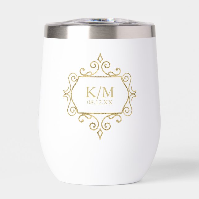 Fine Filigree Gold Wedding Initials ID871 Thermal Wine Tumbler (Front)