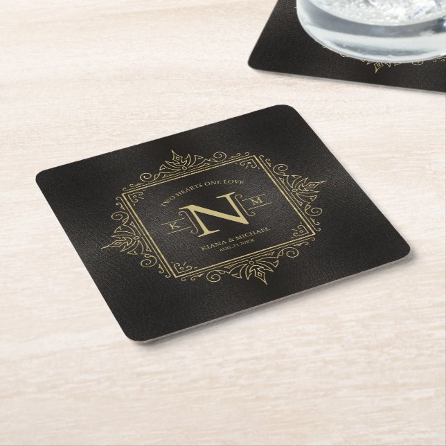 Fine Filigree Gold Wedding Monogram ID871 Square Paper Coaster (Angled)