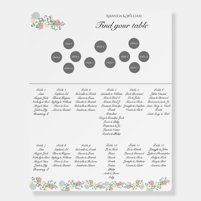 Fine Floral Wedding seating chart round tables Foam Board (Front)