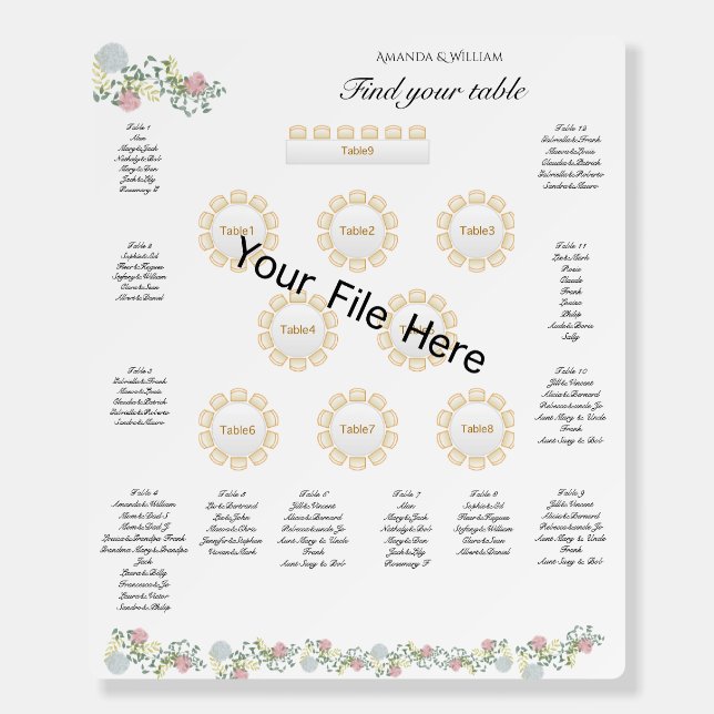 Fine Floral Wedding seating chart with plan Foam Board (Front)
