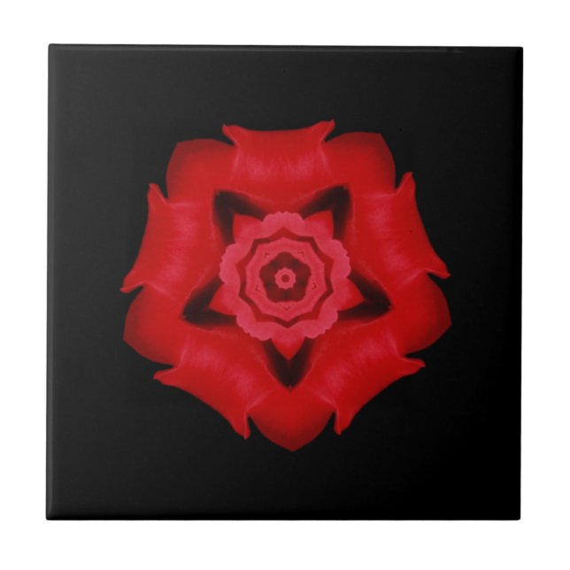 Fine geometric art pretty red star flower black ceramic tile (Front)