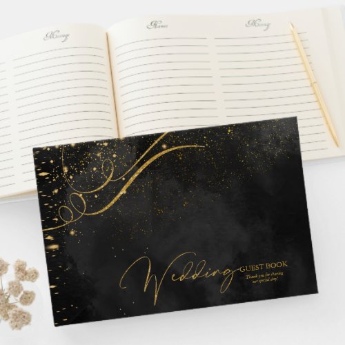 Fine Gold Lines Abstract Wedding Black ID867 Guest Book