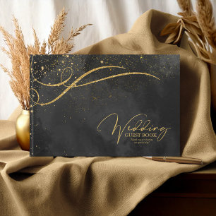 Fine Gold Lines Abstract Wedding Black ID867 Guest Book