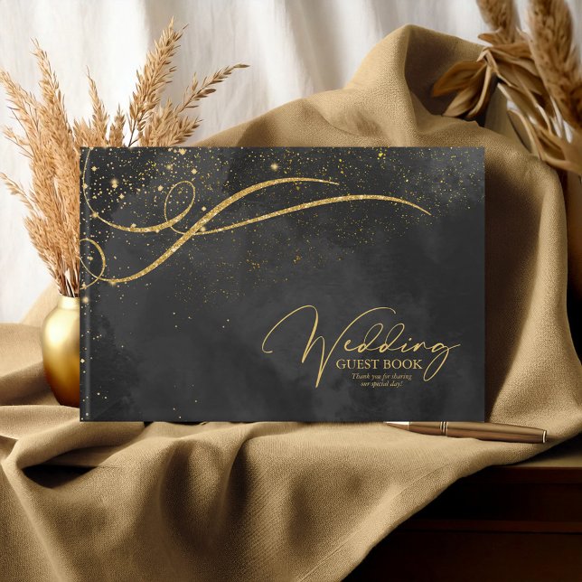Fine Gold Lines Abstract Wedding Black ID867 Guest Book (Creator Uploaded)