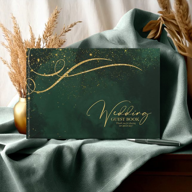 Fine Gold Lines Abstract Wedding Emerald ID867 Guest Book (Creator Uploaded)