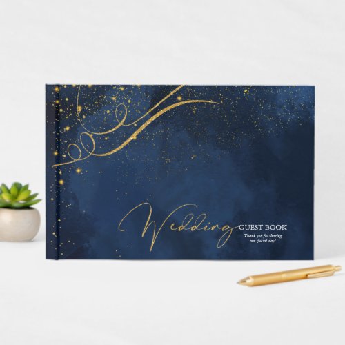 Fine Gold Lines Abstract Wedding Navy ID867 Guest Book